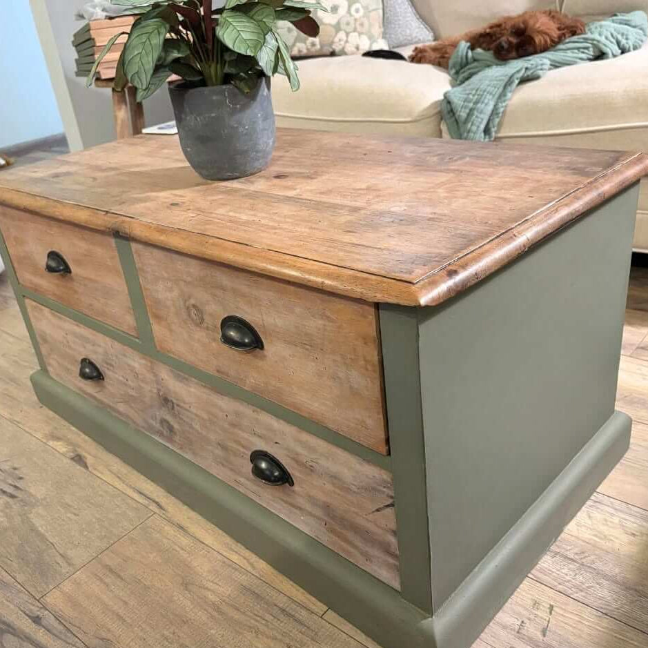 A coffee table painted with Blake & Taylor Furniture Paint, colour Elowen, with a rustic wood top and three drawers, shown in a living room setting with a potted plant on top.