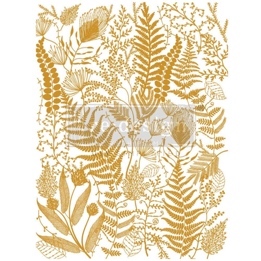 Large gold foil 'Foliage Finesse' transfer by Kacha featuring fern and leaf patterns.
