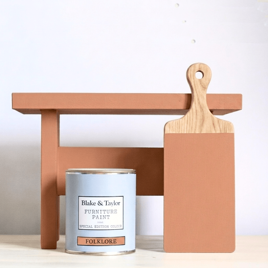 500ml tin of Blake & Taylor Paint colour Folklore with small timber bench and swatch