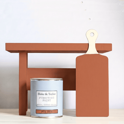 500ml can of Blake & Taylor paint colour Fox Den with timber swatch