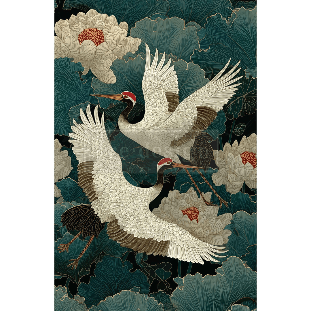 Decoupage paper design with asian crane birds and peonies
