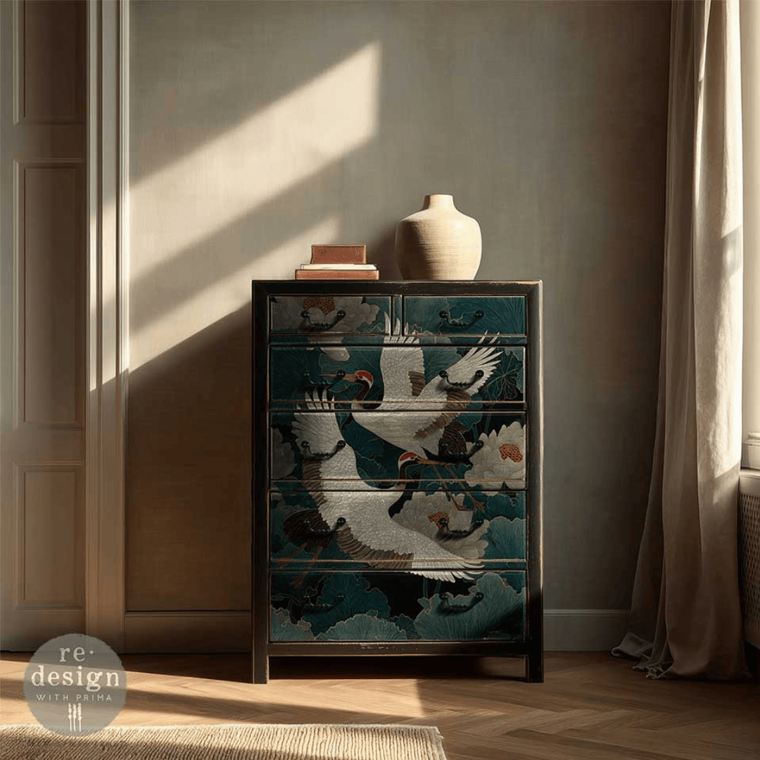 Set of drawers decorated with Decoupage paper design with asian crane birds and peonies