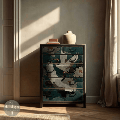 Set of drawers decorated with Decoupage paper design with asian crane birds and peonies