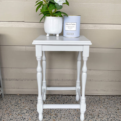 Small square table painted with Blake & Taylor Dove Grey Chalk Furniture Paint