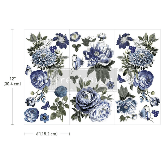 Small Indigo Petals furniture transfer featuring blue peonies and butterflies.