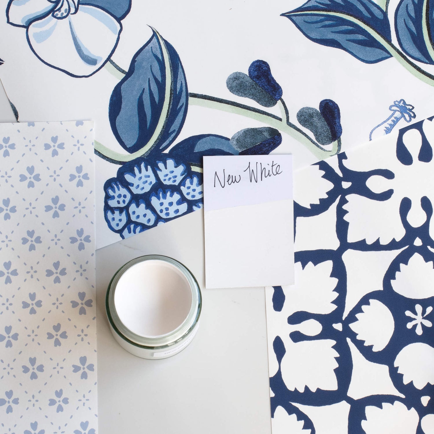 Mood board with blue and white wallpaper and 120ml New White Blake & Taylor Chalk Furniture Paint