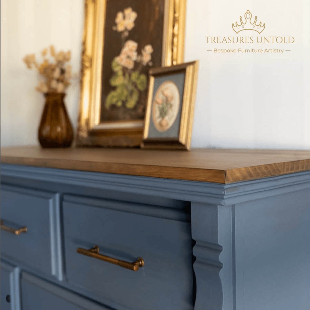 Detail of wooden furniture painted Blake & Taylor Chalk Paint colour Nightfall