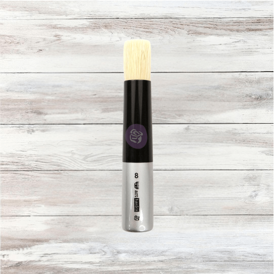 Medium dabbing brush by Re·design with Prima featuring a silver and black handle with natural white bristles, used for stencil application and blending.