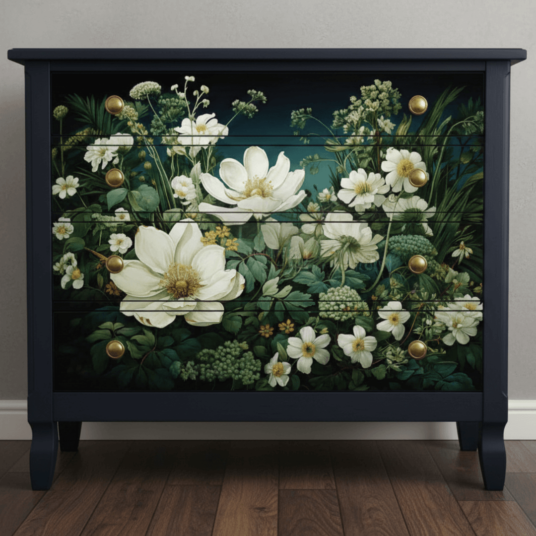 Navy blue cabinet with floral design on a plain background