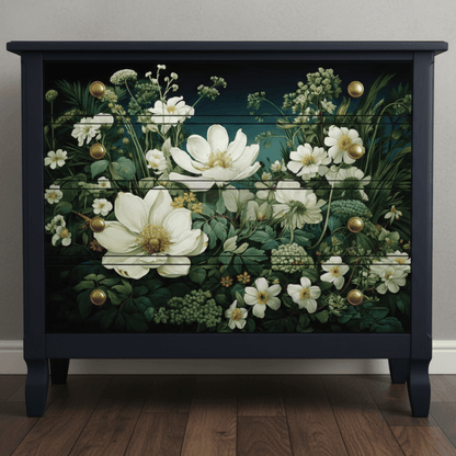 Navy blue cabinet with floral design on a plain background