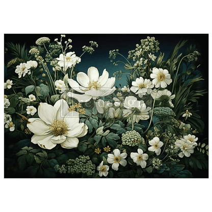 Large A1 floral decoupage paper with white flowers on a dark green background for furniture upcycling.