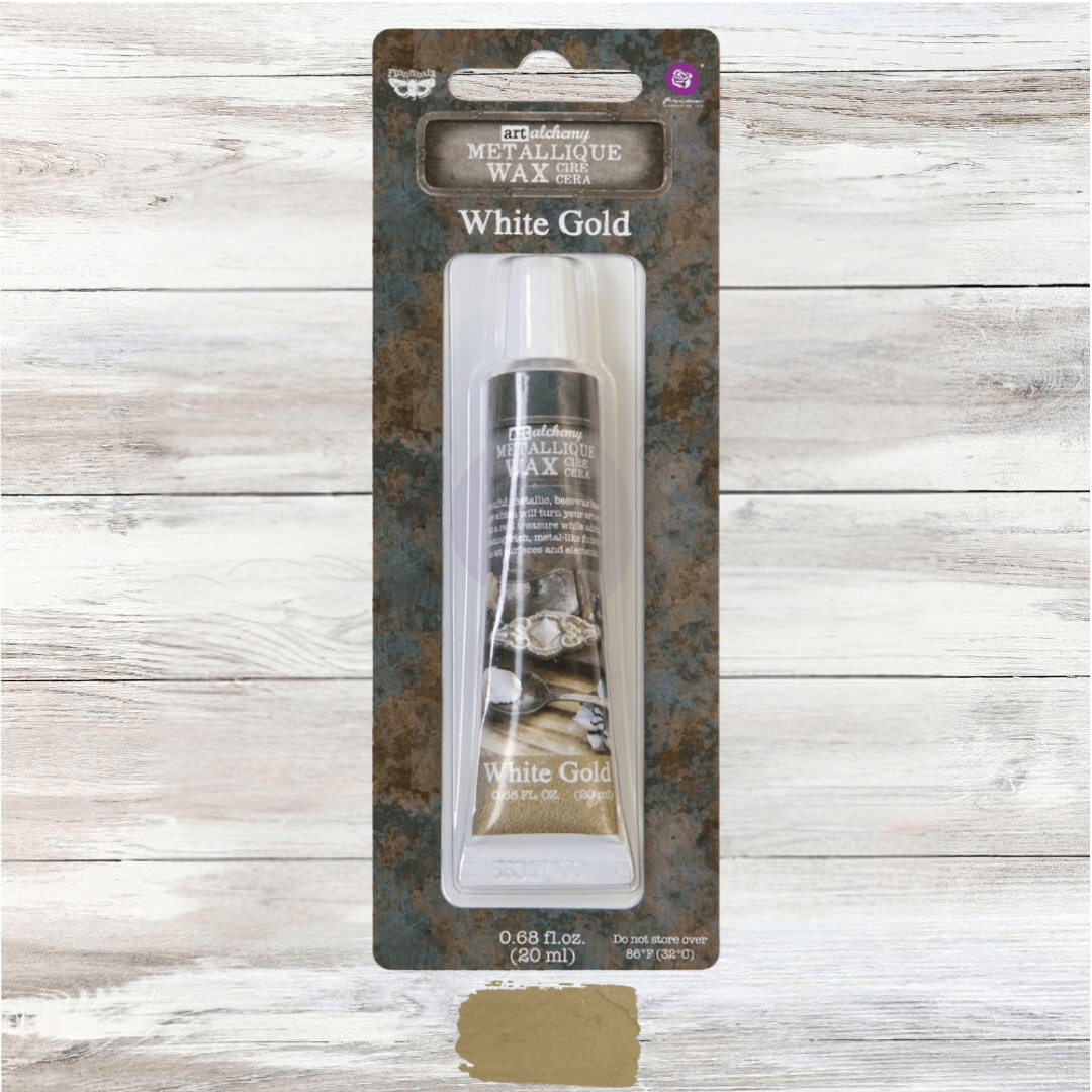 20ml tube of Art Alchemy Metallique Wax in White Gold by Re·design with Prima, showing a champagne-metallic swatch.