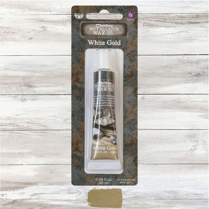 20ml tube of Art Alchemy Metallique Wax in White Gold by Re·design with Prima, showing a champagne-metallic swatch.