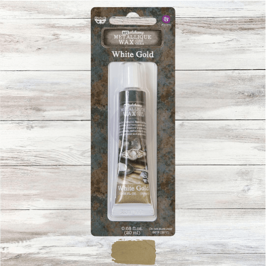 20ml tube of Art Alchemy Metallique Wax in White Gold by Re·design with Prima, showing a champagne-metallic swatch.