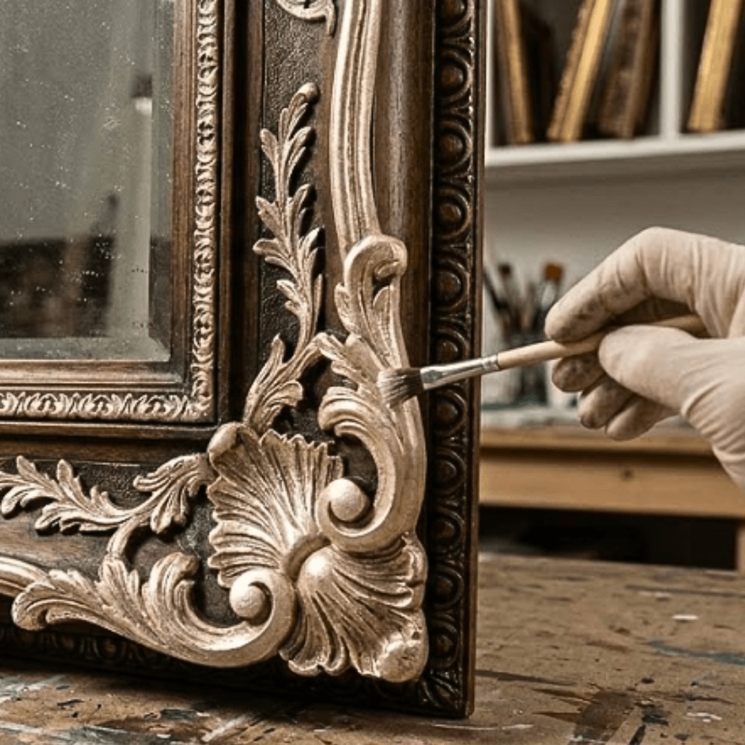 Person wearing a glove applying gold paint to an ornate mirror frame.