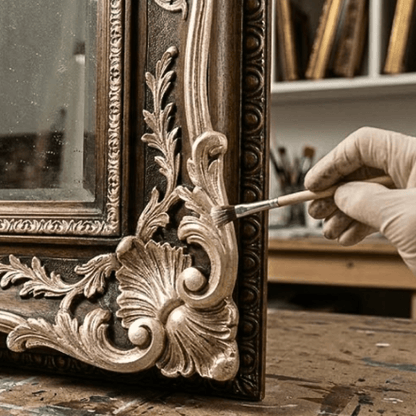 Person wearing a glove applying gold paint to an ornate mirror frame.