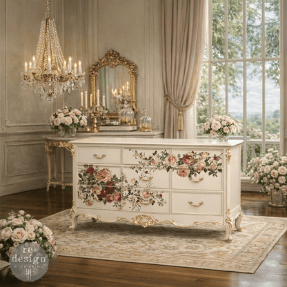 Decorative dresser with floral design in a elegant room with chandelier and large window.