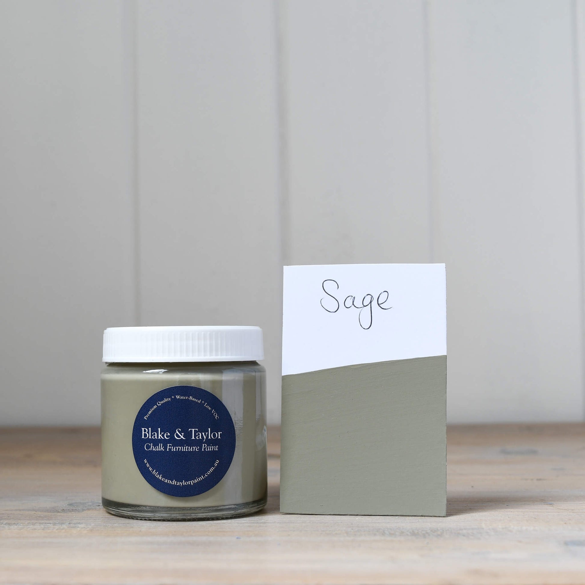 150ml pot and swatch of Blake & Taylor Sage Chalk Furniture Paint