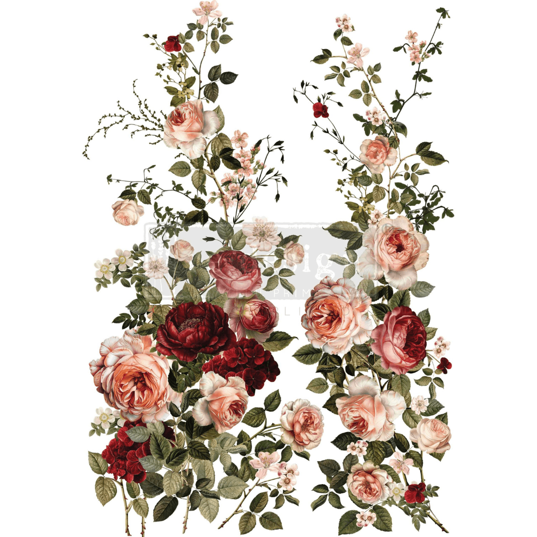 Floral furniture transfer with red, pink, and green flowers on a white background