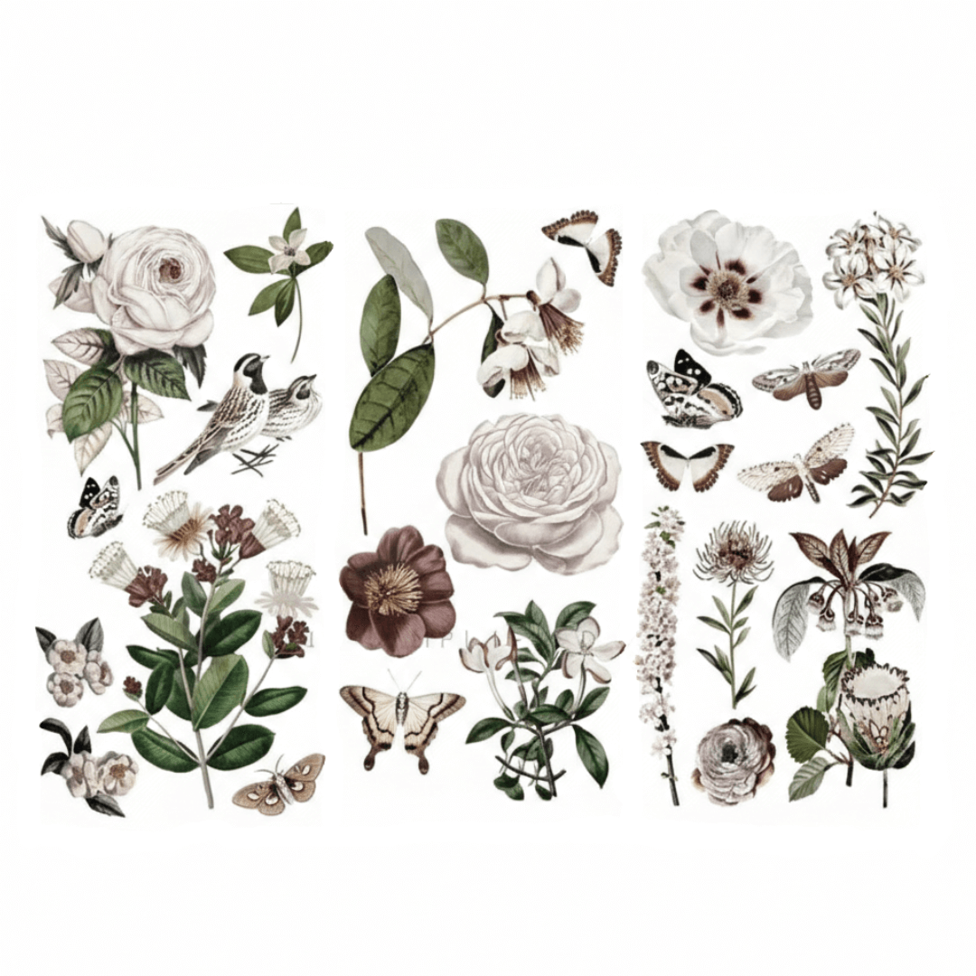 Small 'Secret Garden' furniture transfer featuring birds, butterflies, and cream roses