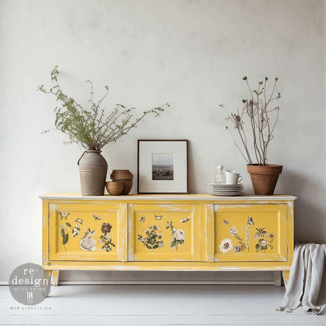 Yellow cabinet with floral designs in a room with plants and decor.