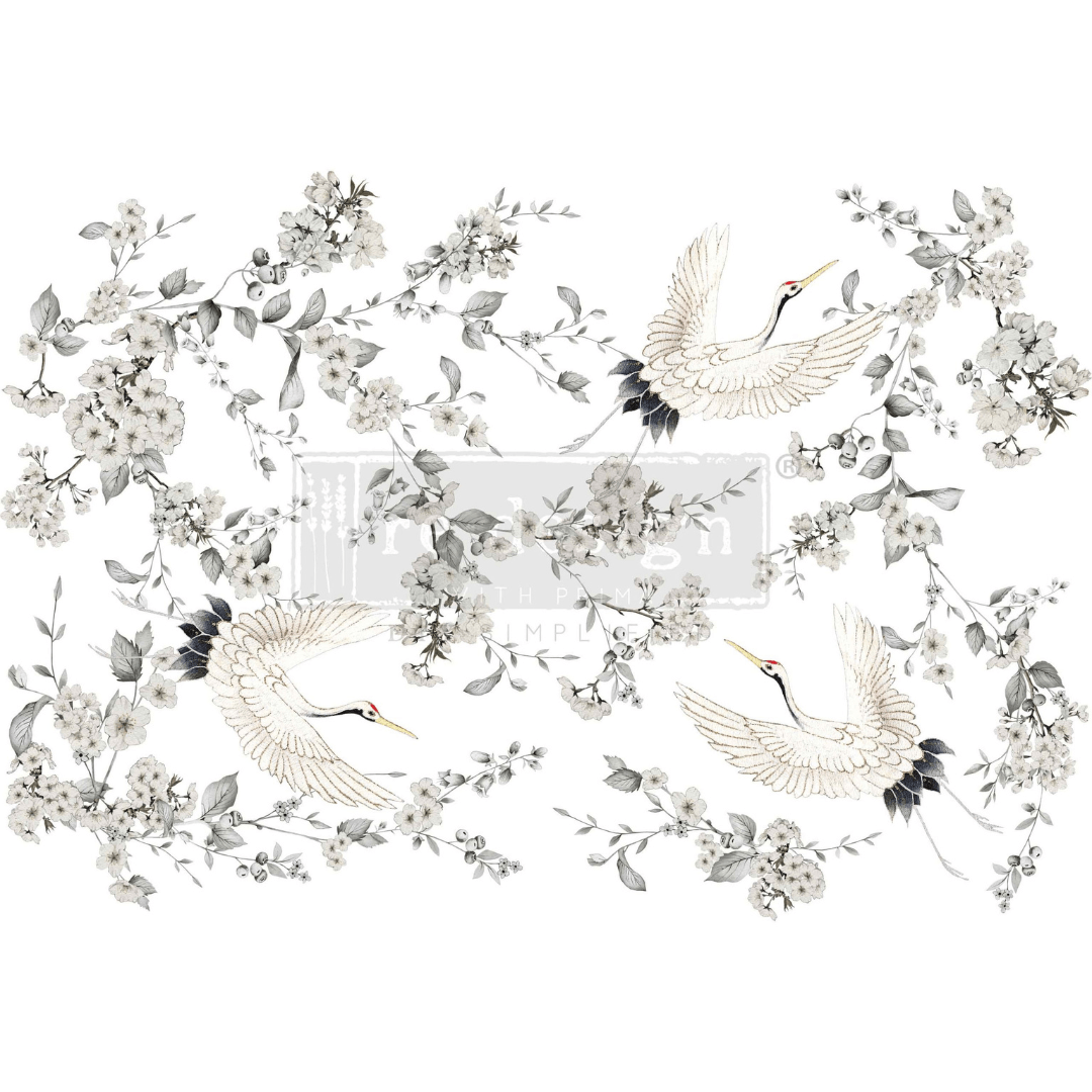 Decor transfer of asian crane birds and white cherry blossom