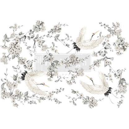 Decor transfer of asian crane birds and white cherry blossom