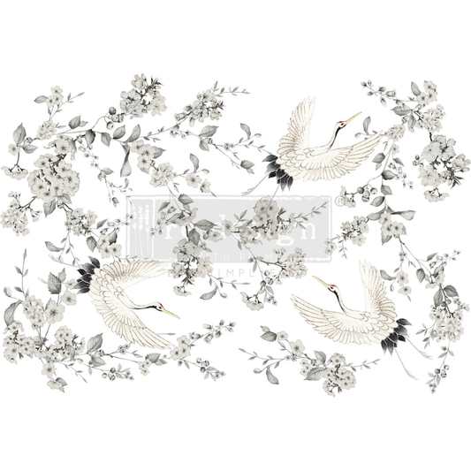 Decor transfer of asian crane birds and white cherry blossom