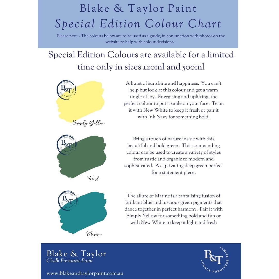Colour chart showing Blake & Taylor Chalk Furniture Paint special edition colours, Simply Yellow, Forest and Marine