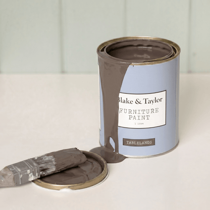 Blake & Taylor litre paint tin with paint spill of colour tablelands