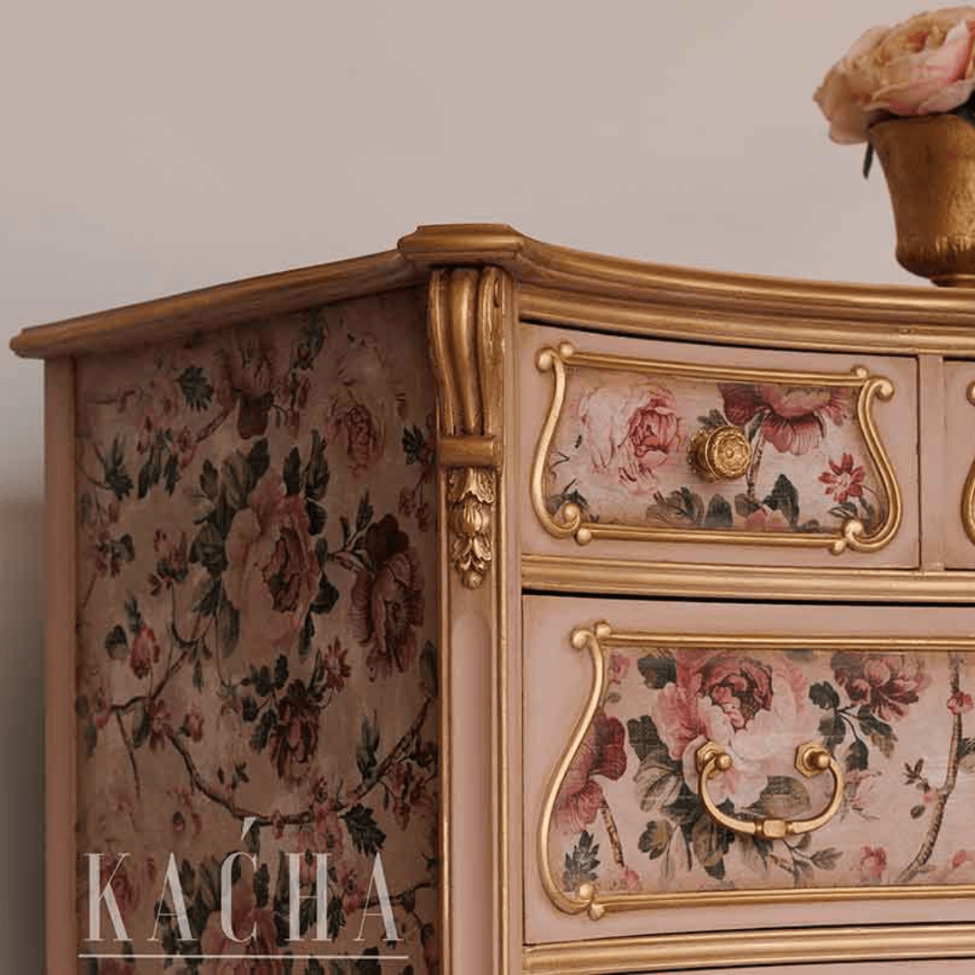 set of drawers with pink roses decoupage paper and gold leaf