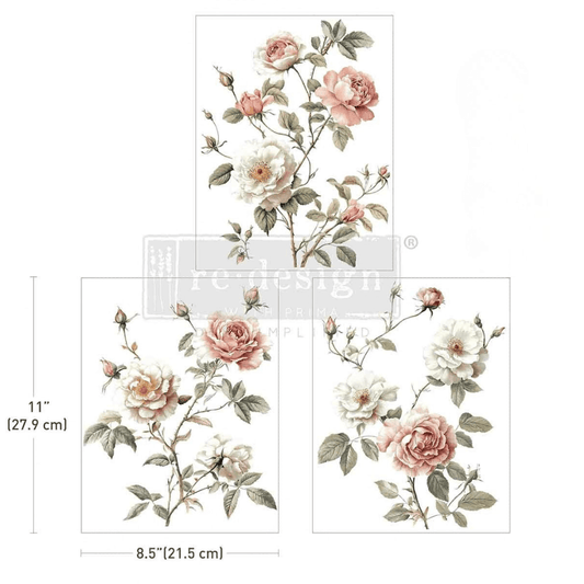 Creamy Blush Blooms furniture transfer featuring pink and white roses on sage stems.
