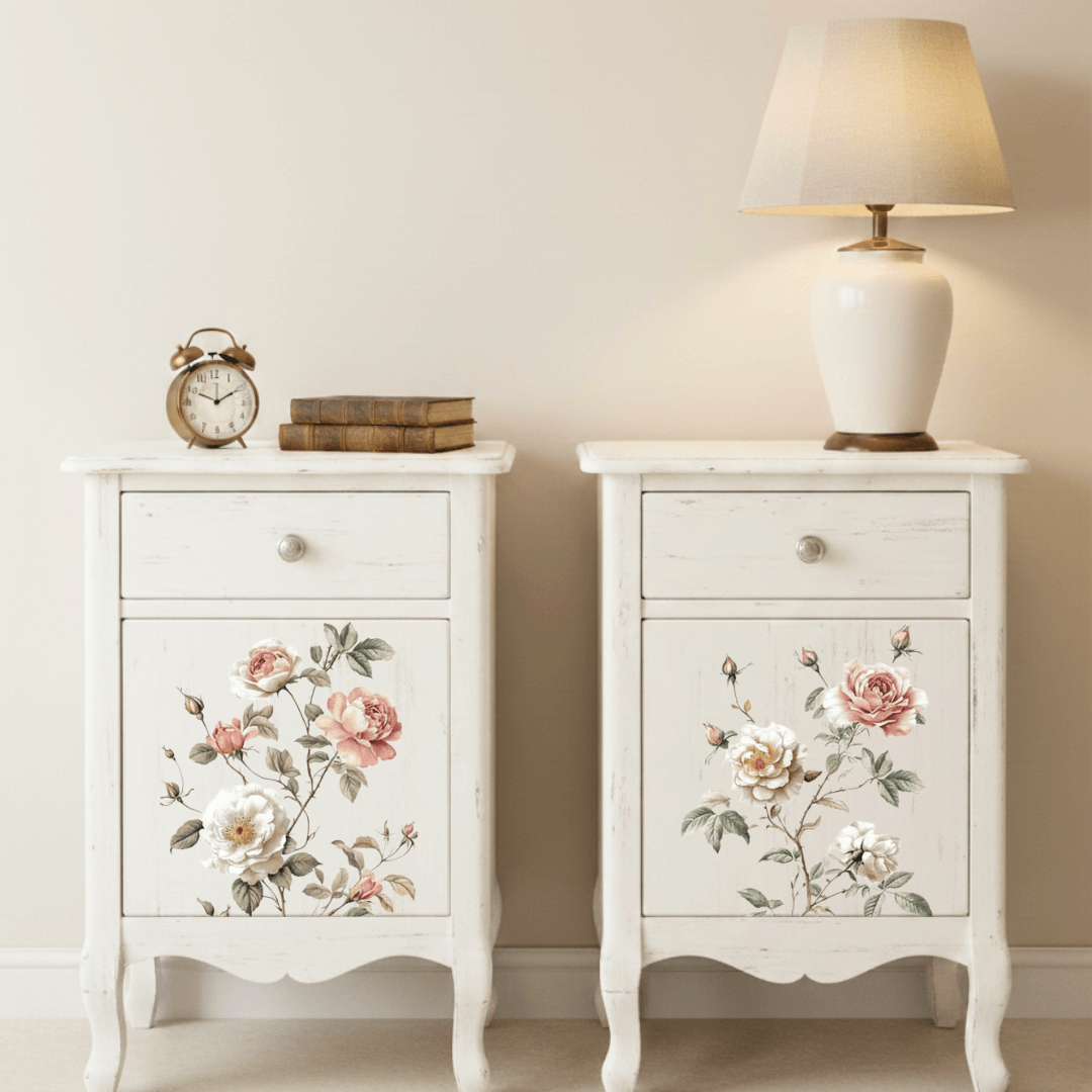 Two white nightstands with floral decors on a beige wall background