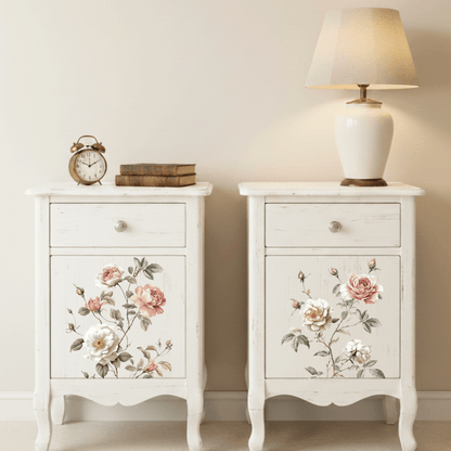 Two white nightstands with floral decors on a beige wall background