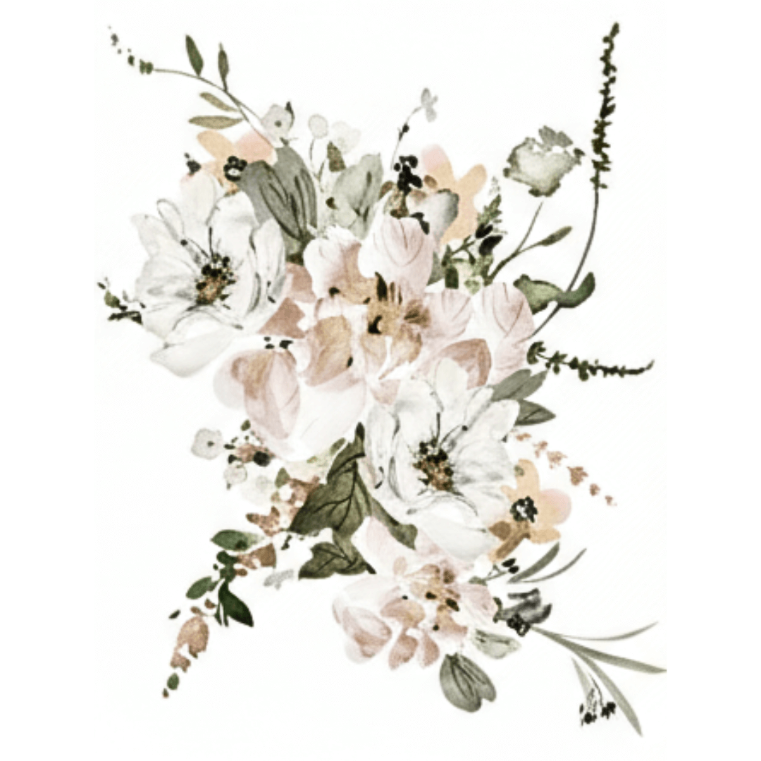 Floral arrangement with white and beige flowers on a white background