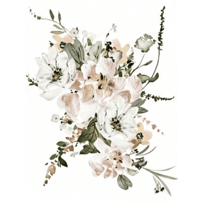Floral arrangement with white and beige flowers on a white background