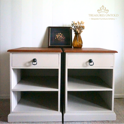 Set of bedside tables painted with Blake & Taylor Furniture Paint, colour Velvet taupe