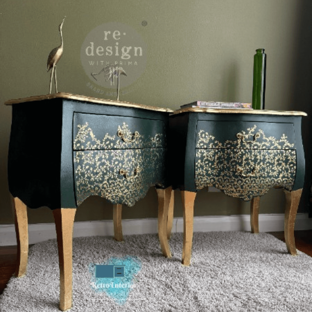 Pair of green nightstands with floral patterns on a gray carpet.