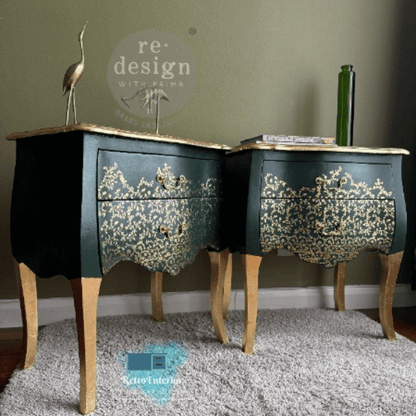 Pair of green nightstands with floral patterns on a gray carpet.