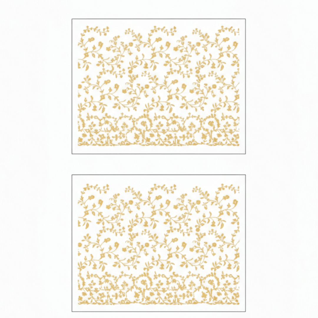 Two gold floral patterns on white backgrounds