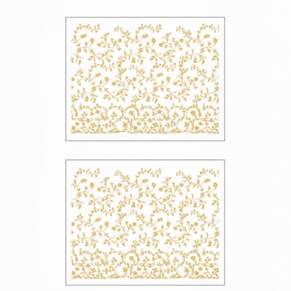 Two gold floral patterns on white backgrounds
