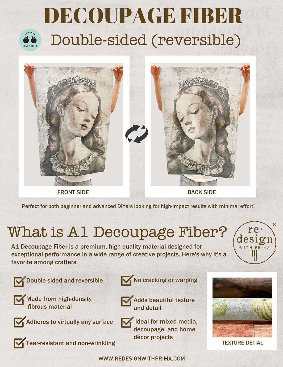 Product advertisement for A1 Decoupage Fiber with reversible design on a white background.