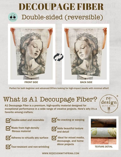 Product advertisement for A1 Decoupage Fiber with reversible design on a white background.