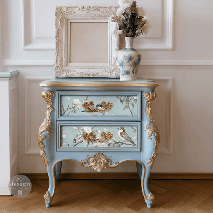 set of drawers with Decoupage paper with white blossom and birds