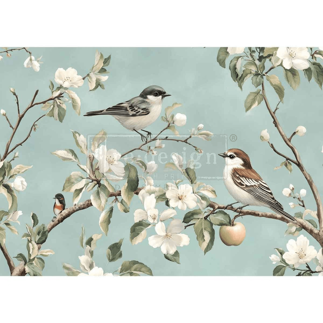 Decoupage paper with white blossom and birds