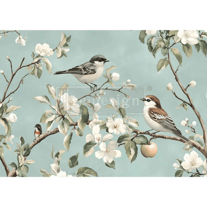 Decoupage paper with white blossom and birds