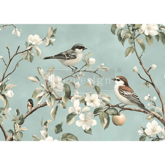 Decoupage paper with white blossom and birds
