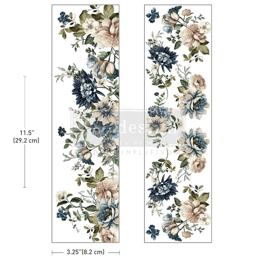 LUXE 'Whispers of Indigo' transfer with navy blue and beige flowers.