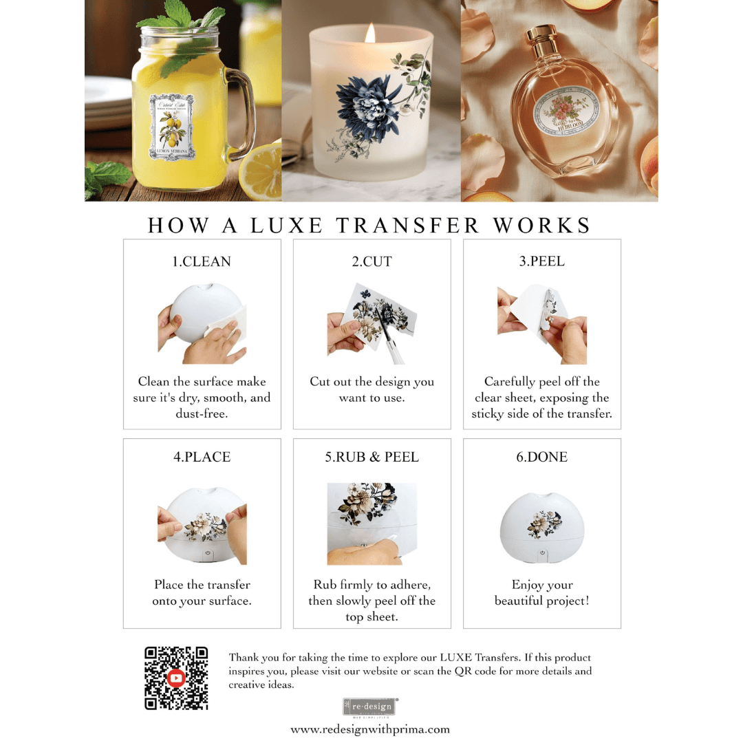 Step-by-step guide on how a luxe transfer works with images of a mug, candle, and bottle.