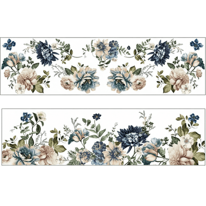 Two floral border designs with blue and beige flowers on a white background.